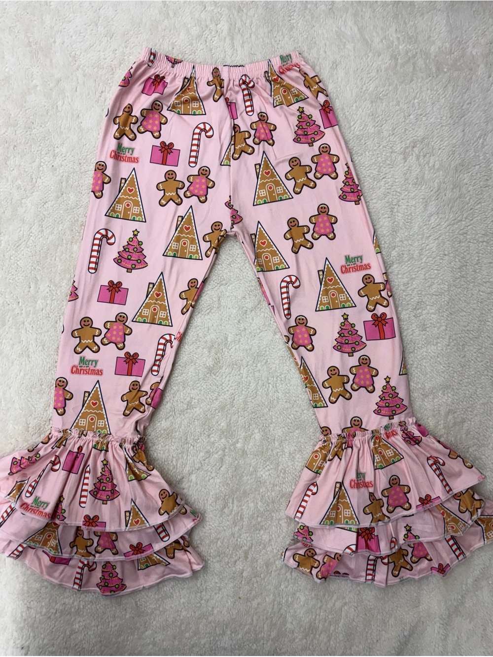 Girls Pink Gingerbread Ruffle Hem Christmas Pants